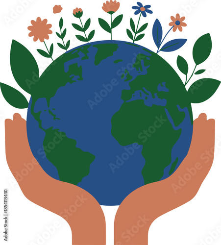 Earth globe in hands with colorful flowers and leaves vector illustration EPS png file download.