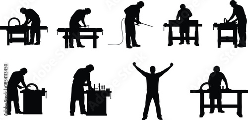 Workshop worker silhouettes set showing carpenters and craftsmen using tools at workbenches for industrial manufacturing design projects