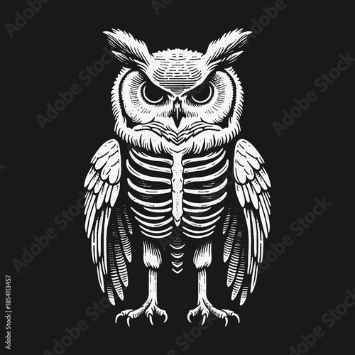 Vintage engraving style illustration of an owl with a visible skeleton on a black background.