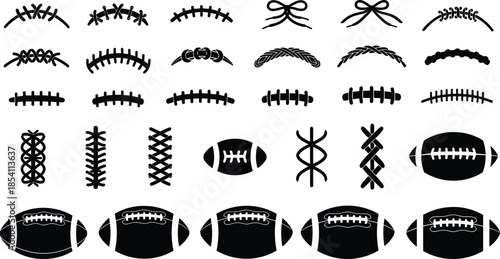 American football laces and stitches icons set, black silhouette sports design elements, rugby ball seams, vector illustration collection