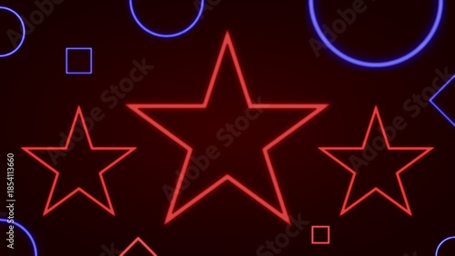 Neon red stars and blue geometric shapes on dark background, Abstract glowing neon star background with retro light effects, Futuristic neon light star pattern for party and event design