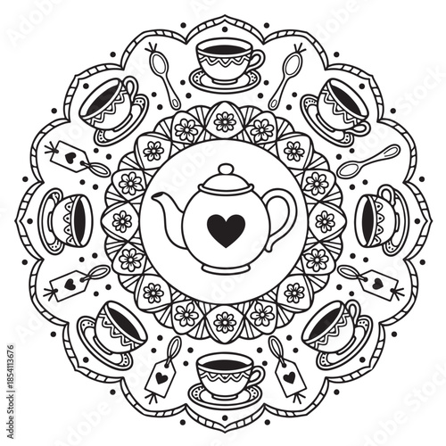 A charming tea time mandala coloring page featuring teacups, teapot, spoons, and lovely heart details