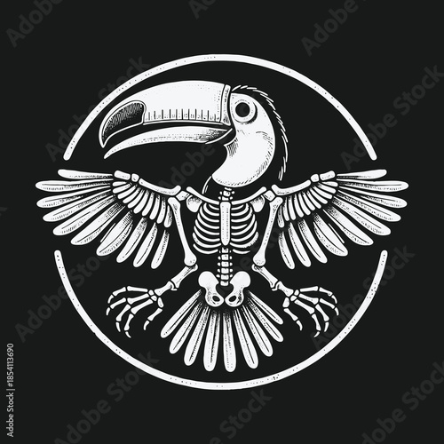 Monochrome illustration of a toucan skeleton with spread wings inside a circular frame.