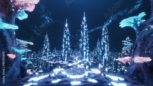 Futuristic city landscape with vibrant colors and glowing structures.