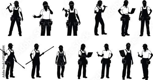 Female construction worker silhouettes set showing builders with tools, safety helmets and work poses for industrial design projects