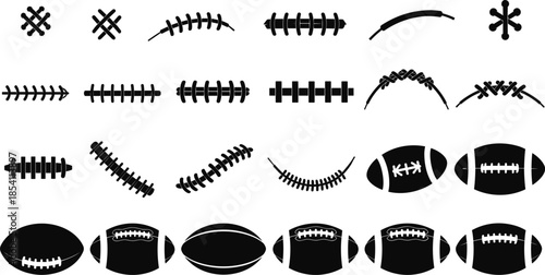 American football laces stitches and ball silhouettes set, black sports seam elements collection, rugby style vector illustration icons pack