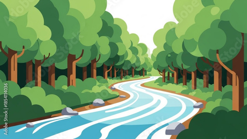 Winding river flowing through forest with trees on both banks and clear blue water