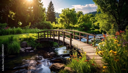 A picturesque wooden bridge arches over a gentle stream in a sun-drenched forest clearing, surrounded by lush greenery and vibrant wildflowers.