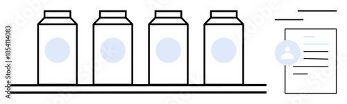 Retail packaging, consumer data, identity management, product branding, supply chain, product tracking. Four cartons on a shelf beside a document with profile detail. Retail packaging and consumer