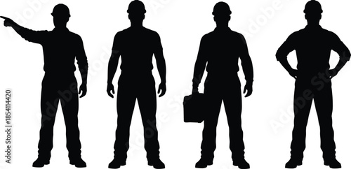 Construction worker silhouettes set featuring engineers and builders in safety helmets, professional poses for industrial labor and building design projects