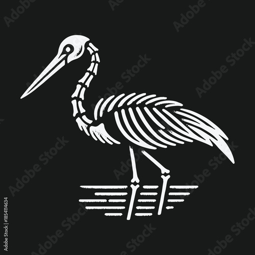 Stylized white skeleton of a heron bird standing in water on a black background illustration.