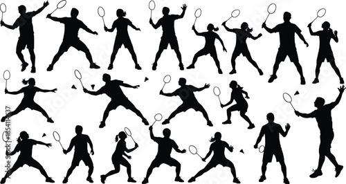 Badminton player action silhouettes set, racket sport movements, black athlete poses collection, isolated competitive sports vector illustration design elements pack
