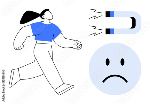 Emotional influence concept. Magnet attraction near a sad face and a woman walking. Emotional influence ideas convey human psychology, relationships, decision-making, and leadership