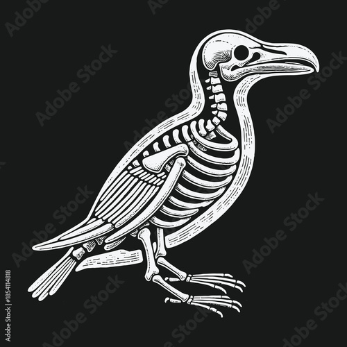 Vintage anatomical illustration of a raven skeleton on a black background.