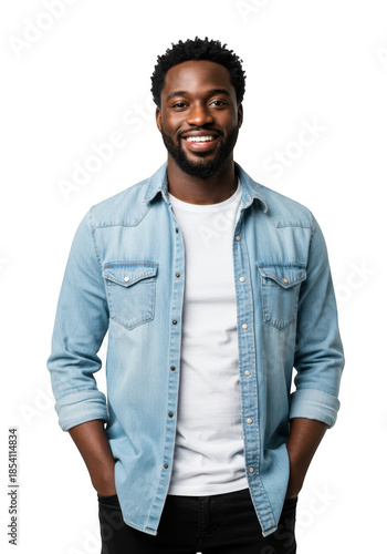 Young black man with a beard and a warm smile wearing a denim shirt and white t-shirt smiling confidently transparent background