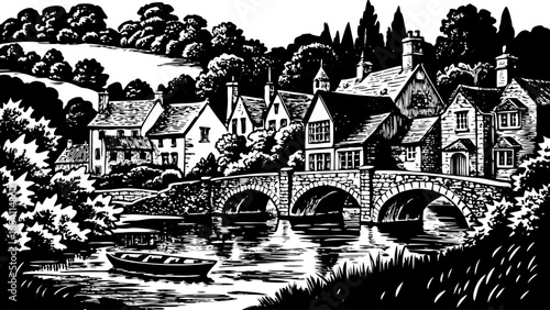 Very beautiful view of Castle Combe village in Wiltshire, featuring a stone bridge over the River Bybrook, charming cottages, and a perfectly preserved English countryside setting.