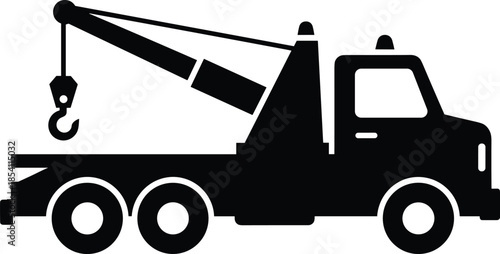 Tow truck crane silhouette icon featuring recovery vehicle with lifting hook, roadside assistance machinery for transport and industrial design projects