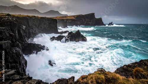 Dramatic ocean waves crashing against rugged cliffs under a stormy sky, showcasing the raw power of nature.