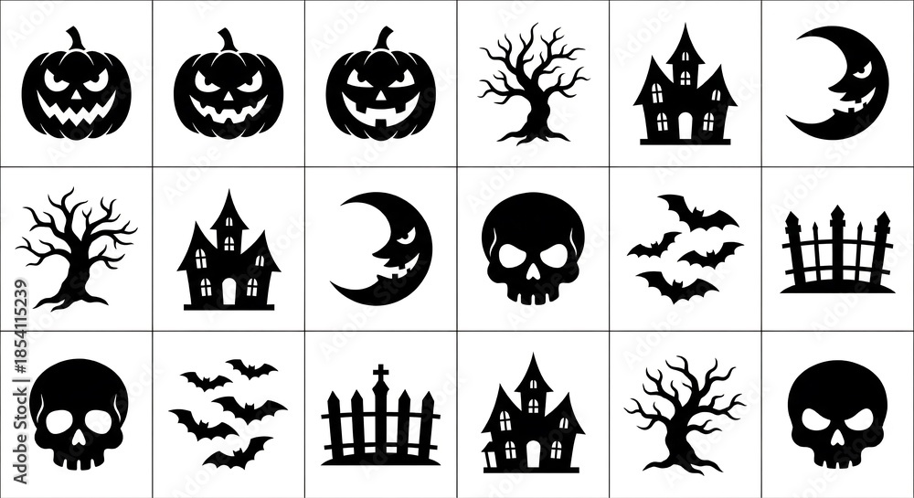 Obraz premium Halloween Icons Set Black Silhouettes Spooky Elements And Symbols image photo