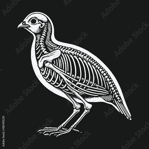 Detailed anatomical illustration of a birds skeleton on a black background.