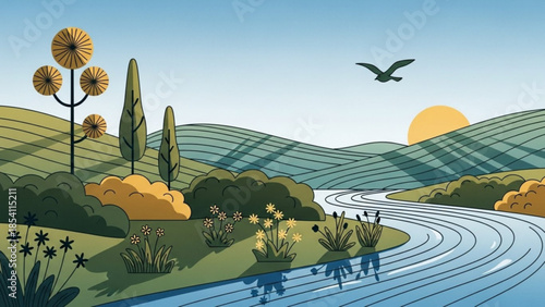 Winding road through green hills with flowers trees and bird flying overhead at sunset