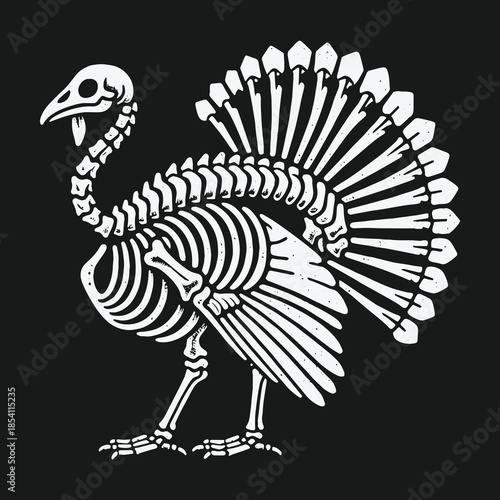 A striking graphic illustration of a turkey skeleton in white on a black background.