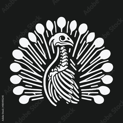 Monochrome graphic art of a peacock skeleton with fanned tail.