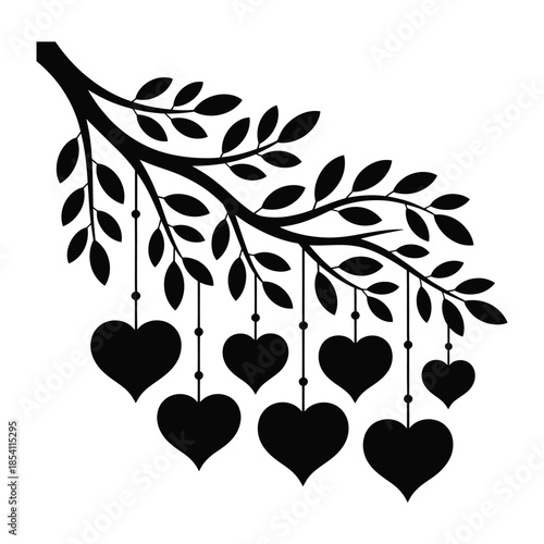 Branch With Hearts Silhouette Vector Illustration Love Tree With Hanging Hearts Romantic Decoration For Valentine S Day Or Wedding Invitation With Branching 180