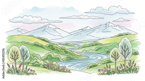 Winding river through green hills and mountains with trees and flowers