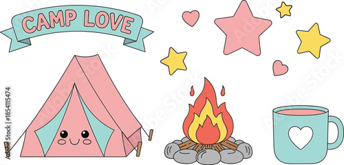 A serene camping scene with a tent, campfire, and stars under a crescent moon at dusk from a bird's eye view