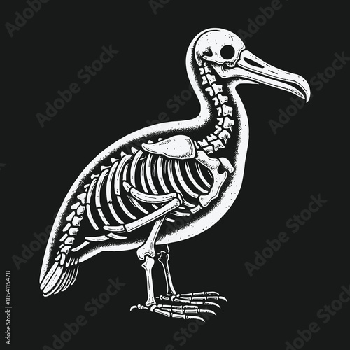 Monochrome illustration of a bird skeleton anatomy on black background.