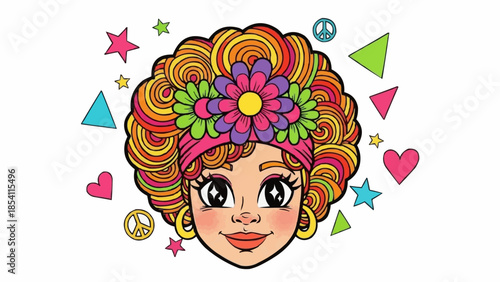 Woman with Floral Hairdo and Colorful Hair.