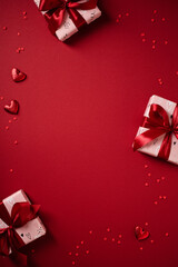 Vertical red Valentine's Day background with gifts in corners and central copy space.