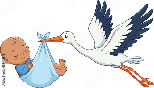 Cute stork carrying newborn baby, cartoon maternity illustration for birth announcement parenting concept children education design vector isolated art