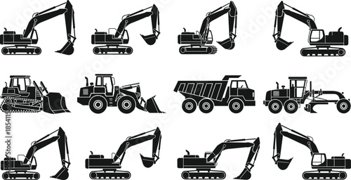 Construction machinery silhouettes set featuring excavators, bulldozer, wheel loader, dump truck and grader icons for industrial engineering design projects
