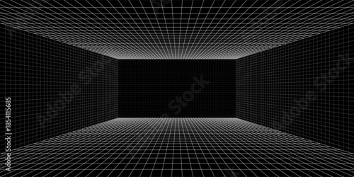 Abstract 3d perspective indoor wireframe vector design. Vector illustration. wireframe grid. perspective grid room on black background