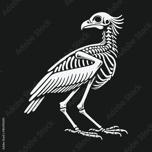 Secretary bird skeleton anatomical vector illustration on black background.