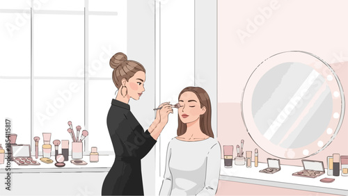 Professional makeup artist applying blush to a clients cheek.