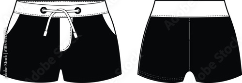 Men's swim shorts vector illustration, front and back view black boardshort design with waistband drawstring apparel template technical flat fashion