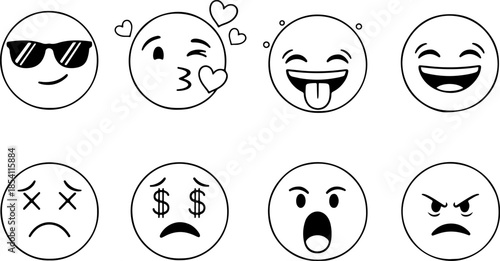 Set of eight minimalist black outline emoji faces featuring diverse expressions including cool sunglasses, blowing kisses, tongue out, money eyes, surprised, and angry moods.