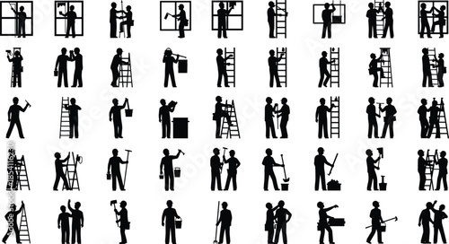 Construction workers silhouettes set showing builders, painters, electricians, plumbers and teamwork activities for industrial labor and building design projects
