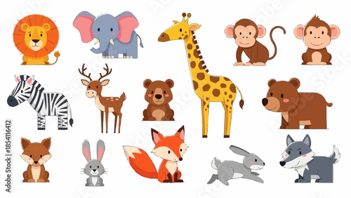 Collection of Various Cartoon Wild Animals.