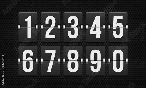 Mechanical scoreboard. Black flip board with white numbers for alarm timers, airports, sports events, date displays, and countdowns. Clock counter panel. Vector illustration.