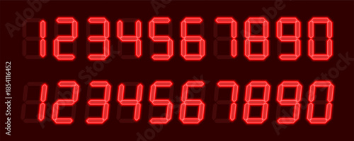 Digital glowing numbers. Red LCD figures for a electronic devices, clocks, calculators, and scoreboard interfaces. Vector illustration.
