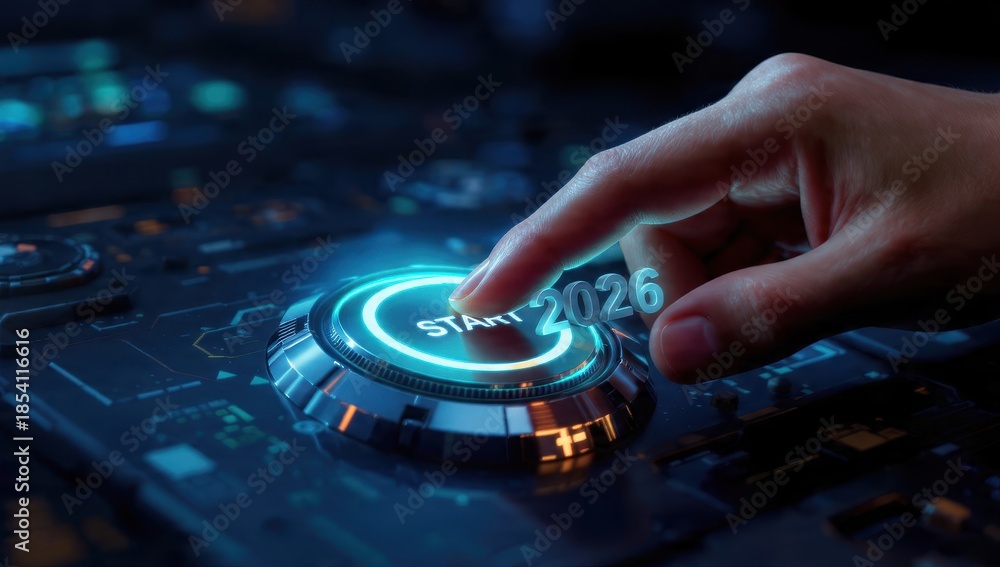 Obraz premium Hand presses a glowing blue START button with the year 2026, symbolizing the launch of new business goals, technology initiatives, and future strategy plans.
