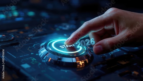 Hand presses a glowing blue START button with the year 2026, symbolizing the launch of new business goals, technology initiatives, and future strategy plans.