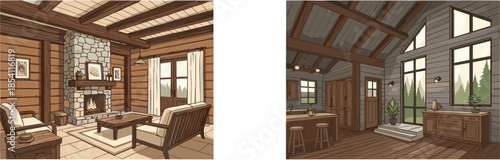 Cabin icons, rustic home interior illustrations, fireplace and kitchen scenes, wood beam visuals, cozy lodge furniture design