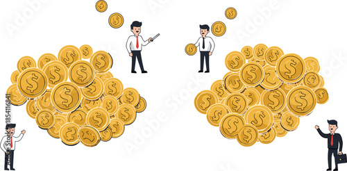 Business people comparing wealth, financial inequality concept, cartoon money pile illustration, income gap, economic disparity, success contrast, finance metaphor