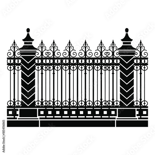 Ornamental gate isolated classic victorian gate ornate cast iron fence european architectural decor park entrance black silhouette vector drawing 180