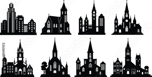 Church icons, religious building silhouettes, black outline structures, steeple symbol, cross branding, clock tower concept, spire badge, sacred design